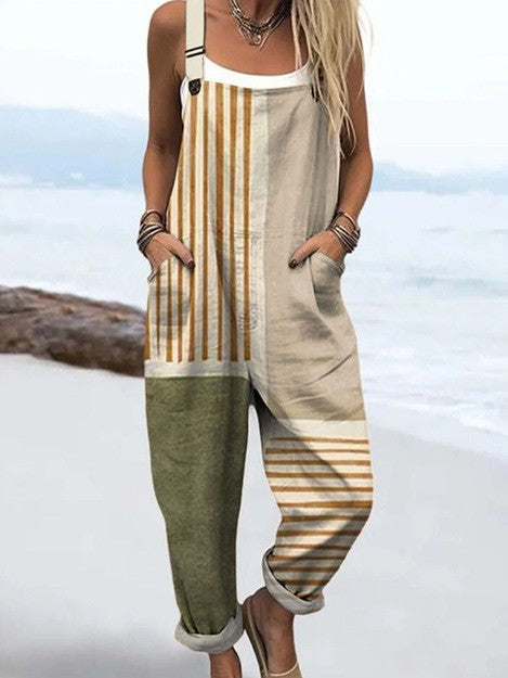 Brinley - Casual Striped Print Square Neck Sleeveless Jumpsuit