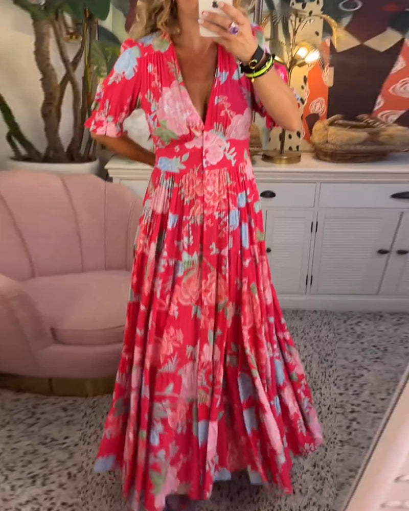 Catrisa™ | Floral Print V-neck Pocket Dress