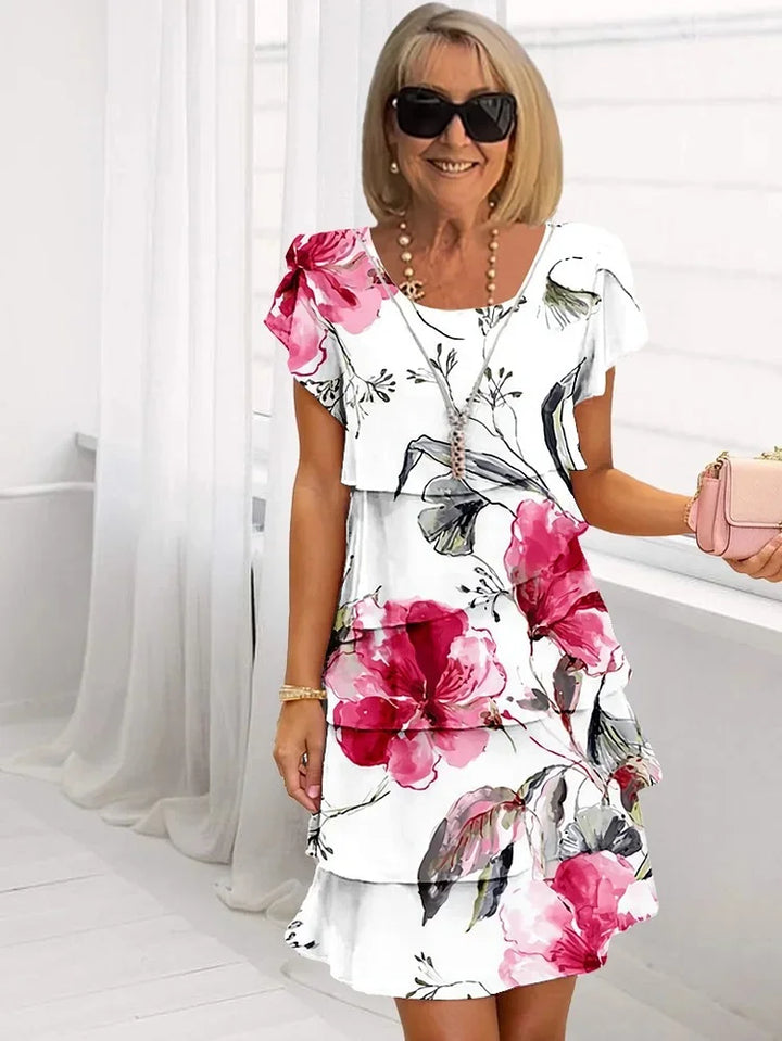 Sable -  Floral Print Crew Neck Tiered Pleated Dress