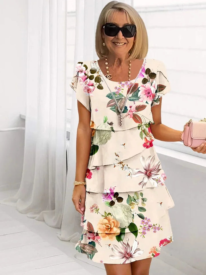 Sable -  Floral Print Crew Neck Tiered Pleated Dress