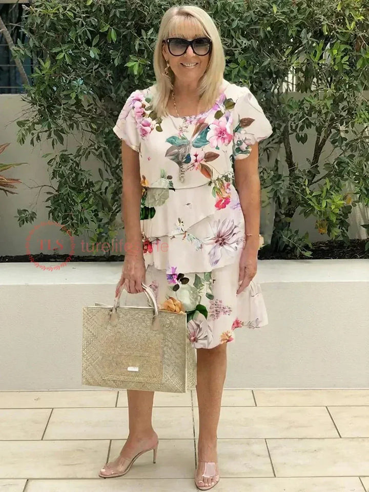 Sable -  Floral Print Crew Neck Tiered Pleated Dress